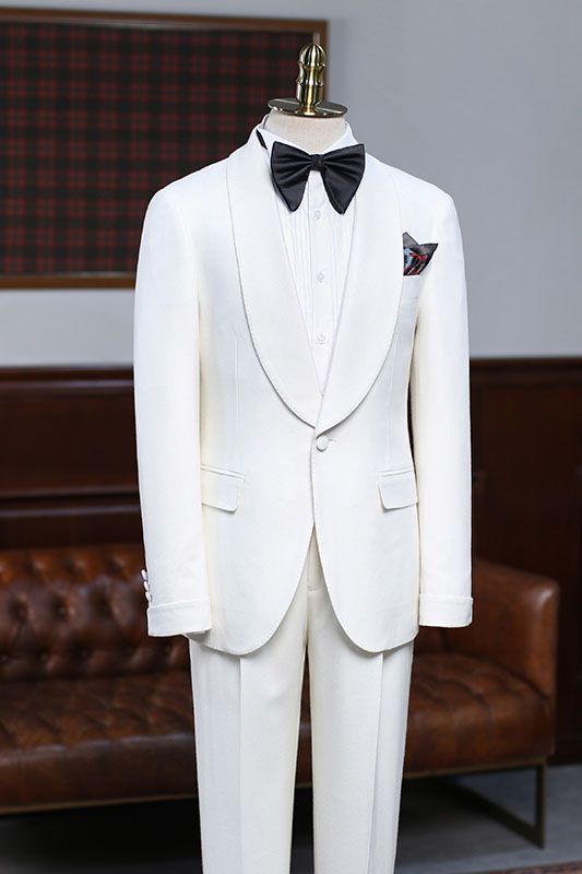 Well-cut White Two-pieces Slim Fit Custom Wedding Suit For Grooms