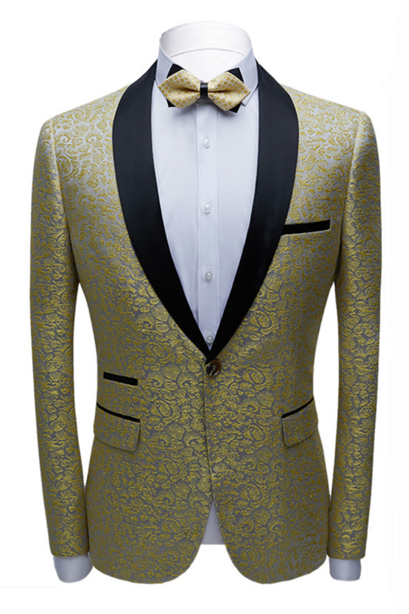 Well-dressed Black Satin Shawl Lapel Marriage Suits Gold Jacquard Men Wedding Tuxedos - Terence