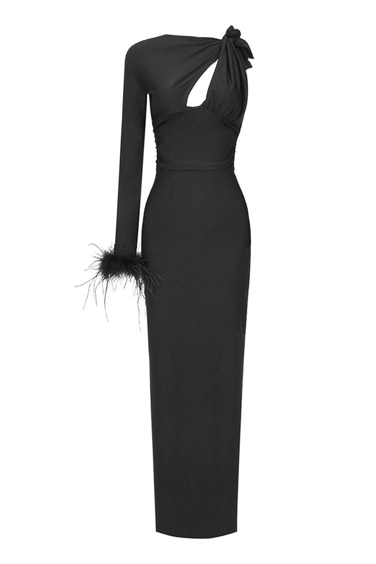 Whimsical Knot Cut Out Feather Sleeve Bodycon Jersey Evening Maxi Dress - Fashionpara