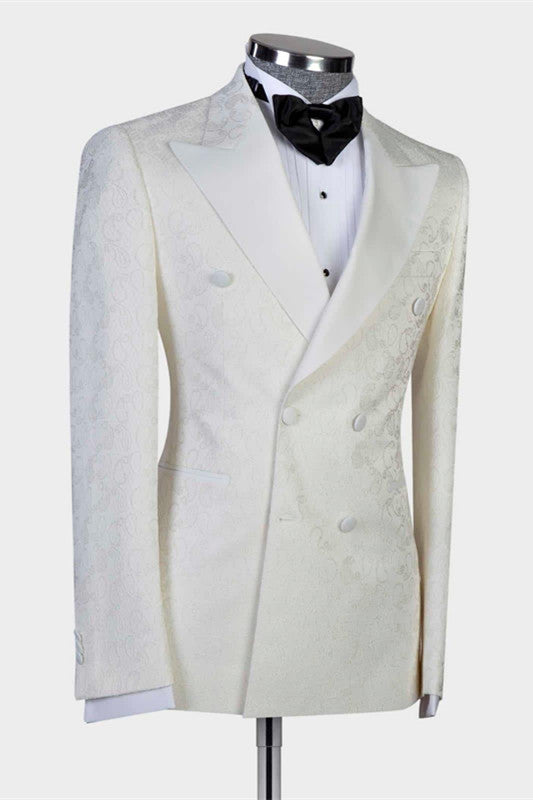 White Jacquard Double Breasted Peaked Lapel Wedding Suit for Men