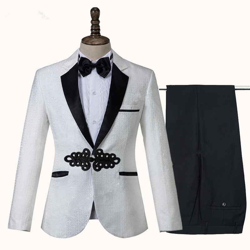 White Jacquard Knitted Button Fashion Wedding Suit