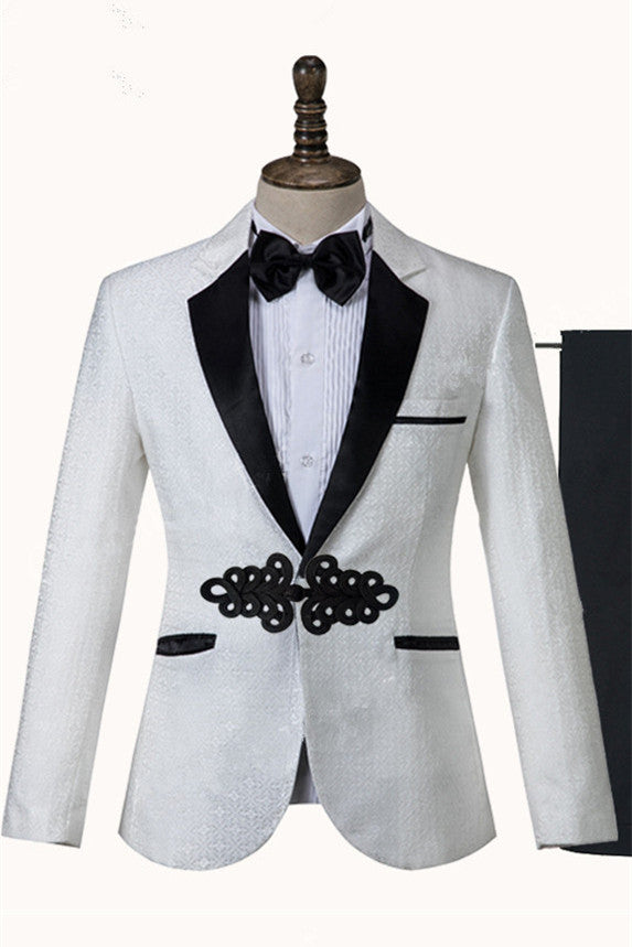 White Jacquard Knitted Button Fashion Wedding Suit