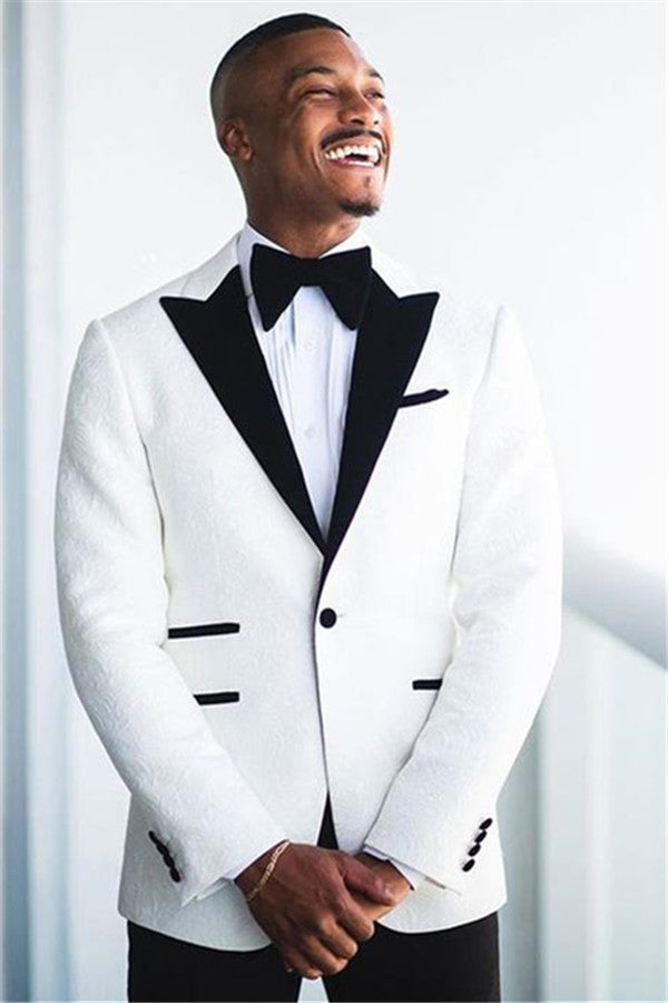 White Jacquard Peaked Lapel Wedding Groom Suit