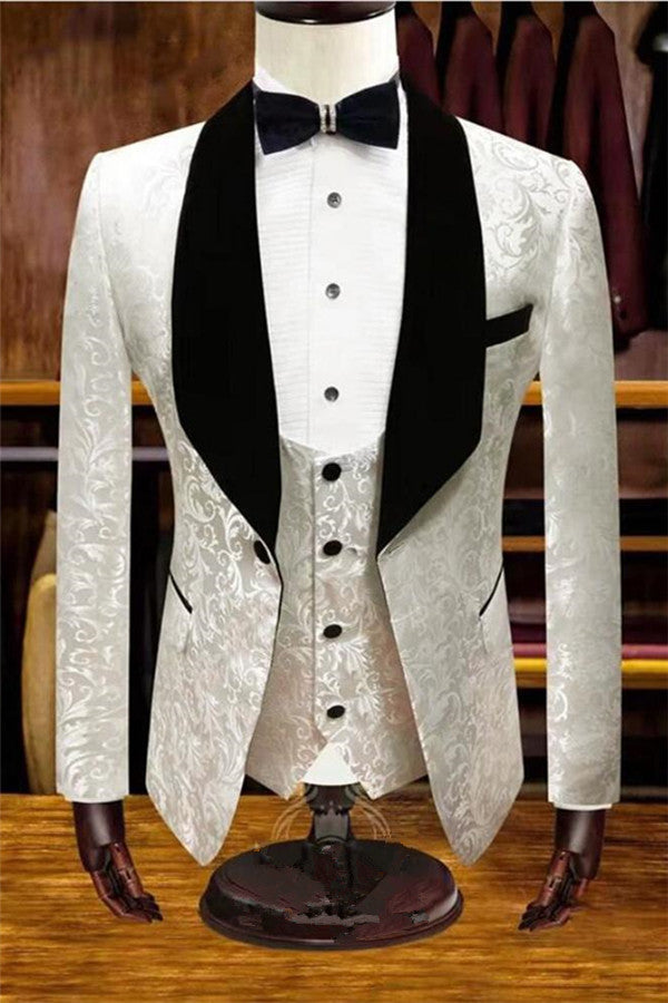 White Jacquard Wedding Tuxedos Men Suits for Groom Three-pieces