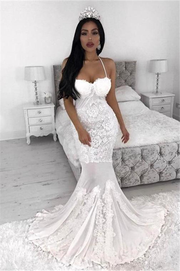 White Lace Appliques Spaghetti Strap Wedding Dress New Arrival Bridal Gown