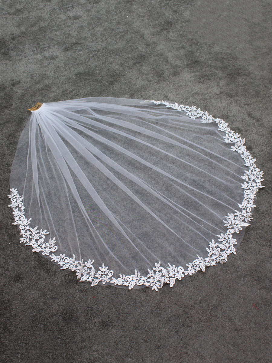 White Lace Tulle Veil Applique Edge Drop Wedding Veil