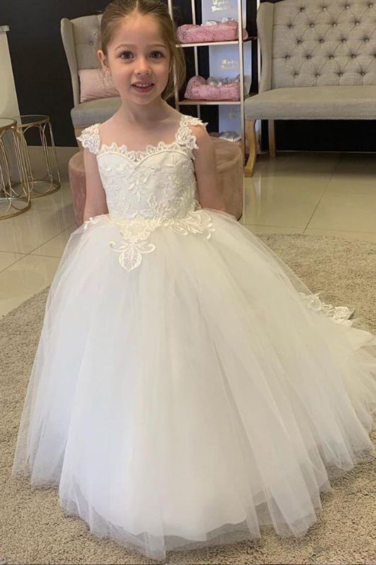 White Lovely Flower Girl Dress Tulle With Lace Appliques - Fashionpara