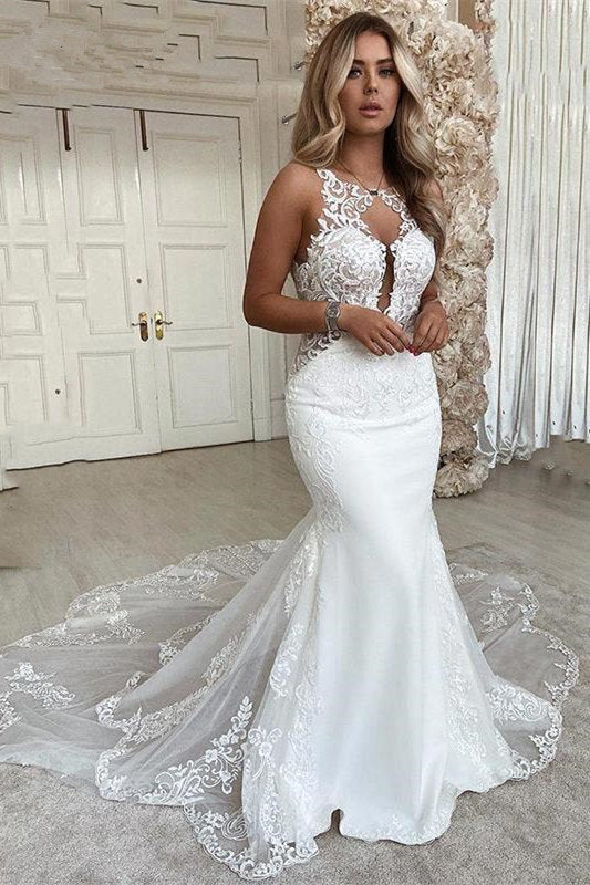 White Mermaid Wedding Dress Lace Backless