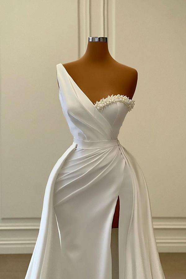 White One Shoulder Prom Dress Mermaid Long Split