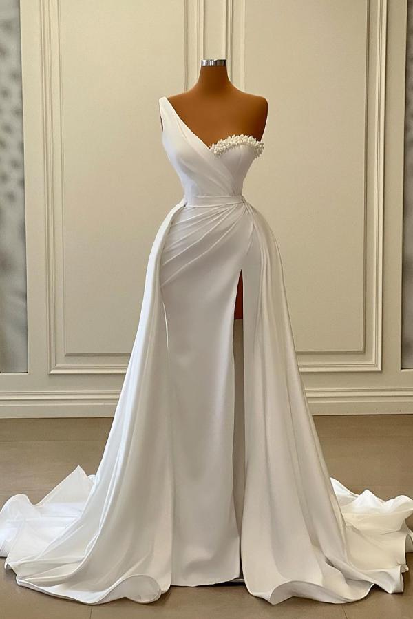 White One Shoulder Prom Dress Mermaid Long Split