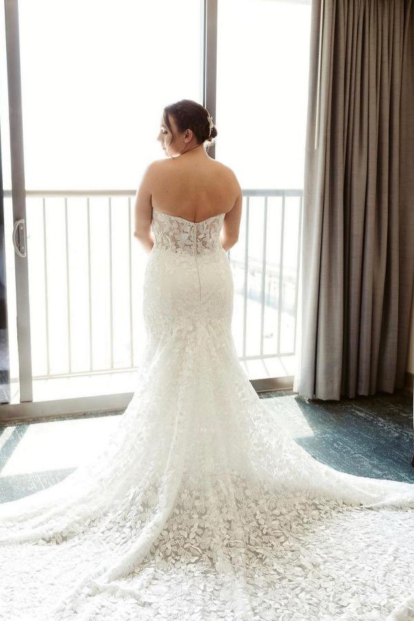 White Strapless Wedding Dresses Mermaid Lace Appliques