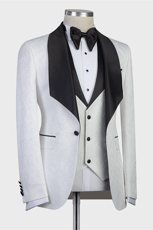 White Three-pieces Jacaquard Wedding Groom Suits with Black Shawl Lapel