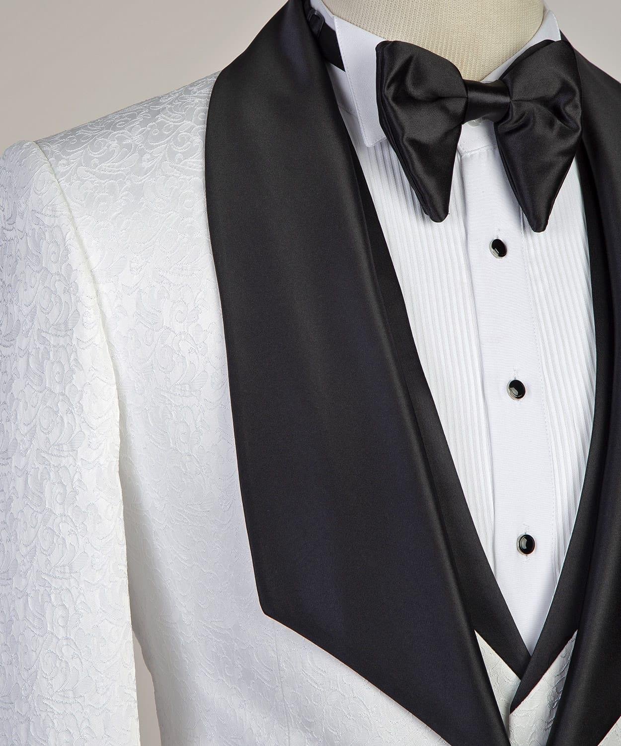 White Three-pieces Jacaquard Wedding Groom Suits with Black Shawl Lapel