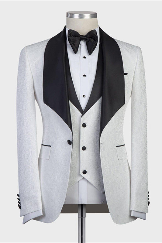 White Three-pieces Jacaquard Wedding Groom Suits with Black Shawl Lapel