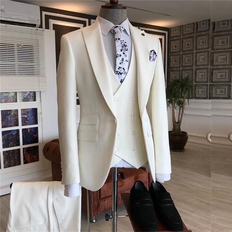 White Three Pieces Peaked Lapel Bespoke Men Suits for Wedding