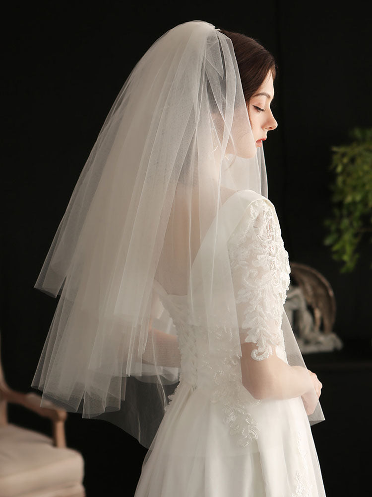 White Three-Tier Tulle Cut Edge Classic Bridal Veils