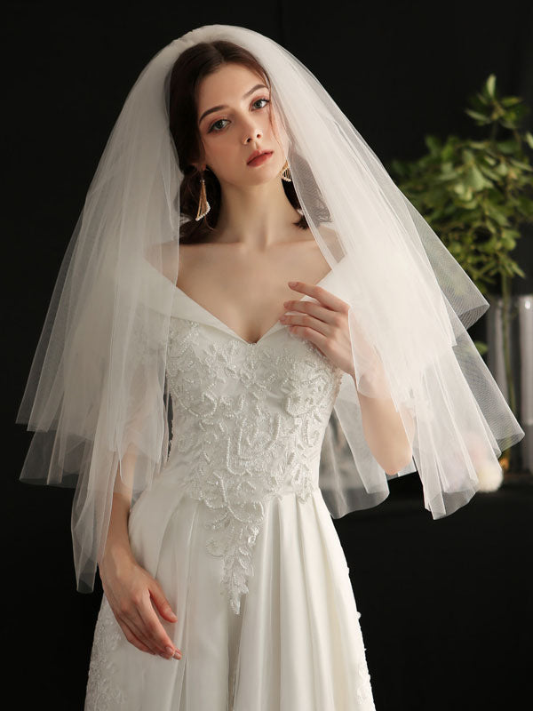 White Three-Tier Tulle Cut Edge Classic Bridal Veils