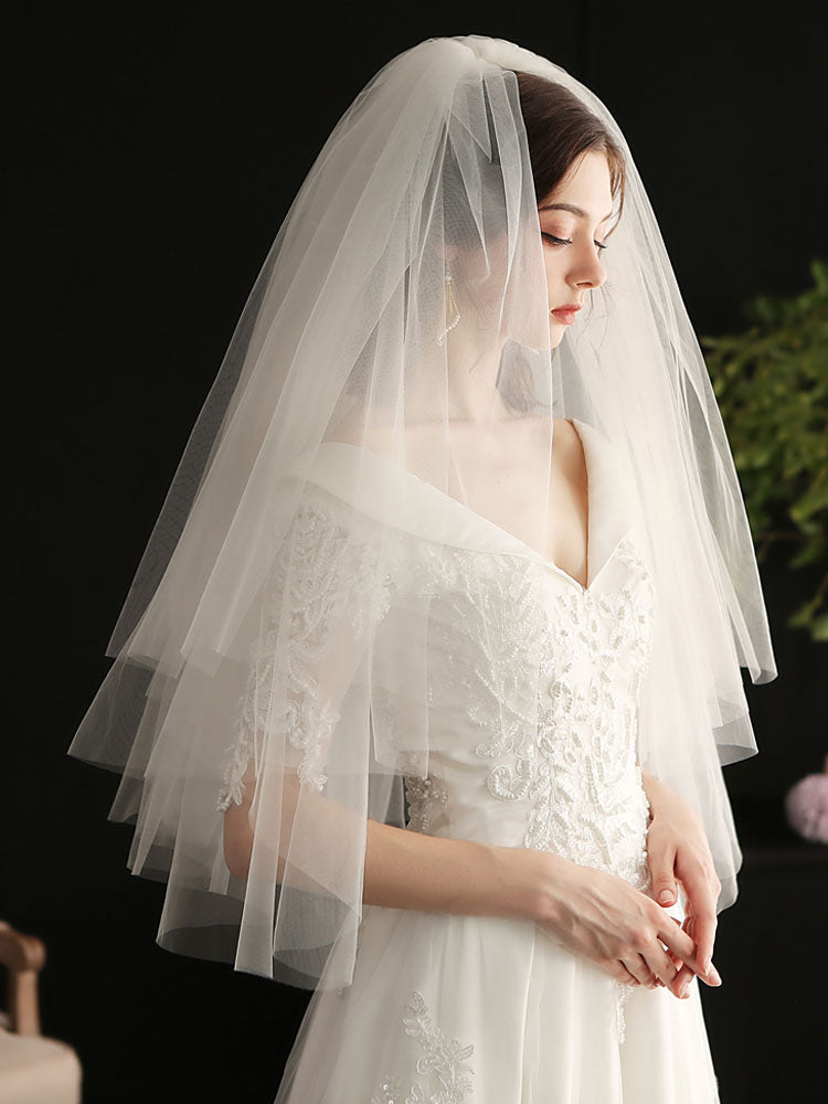 White Three-Tier Tulle Cut Edge Classic Bridal Veils