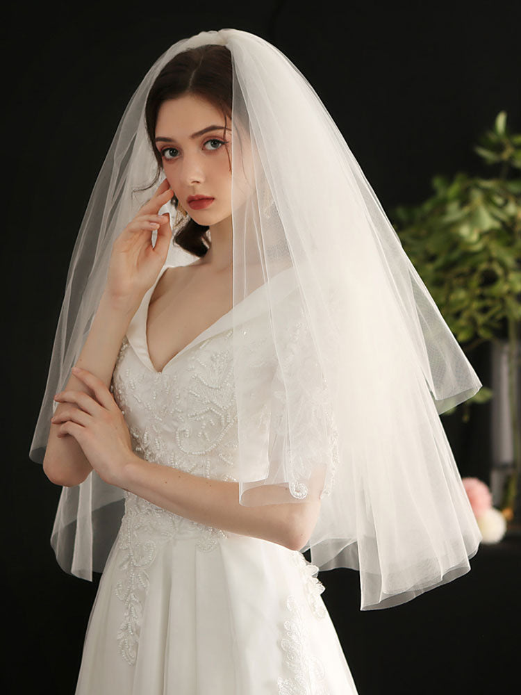 White Three-Tier Tulle Cut Edge Classic Bridal Veils