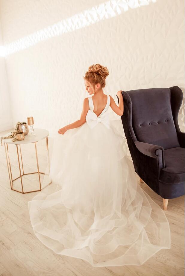 White Tulle Glitter Flower Girl Dress With Bowknot Back - Fashionpara