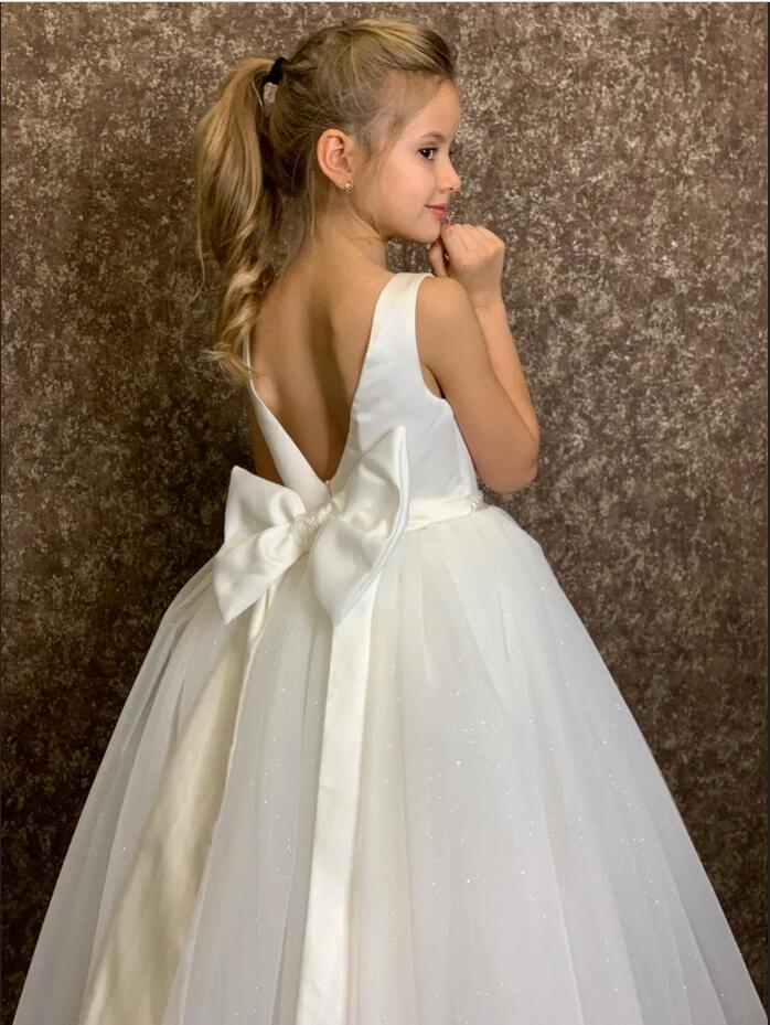 White Tulle Glitter Flower Girl Dress With Bowknot Back - Fashionpara