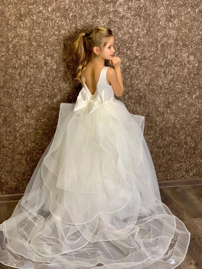 White Tulle Glitter Flower Girl Dress With Bowknot Back - Fashionpara