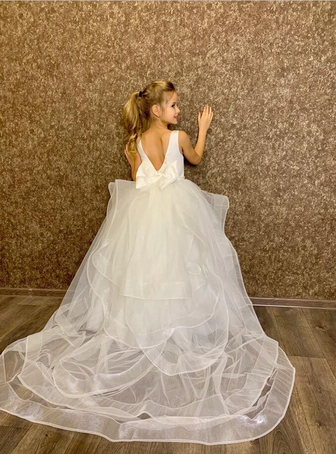 White Tulle Glitter Flower Girl Dress With Bowknot Back - Fashionpara