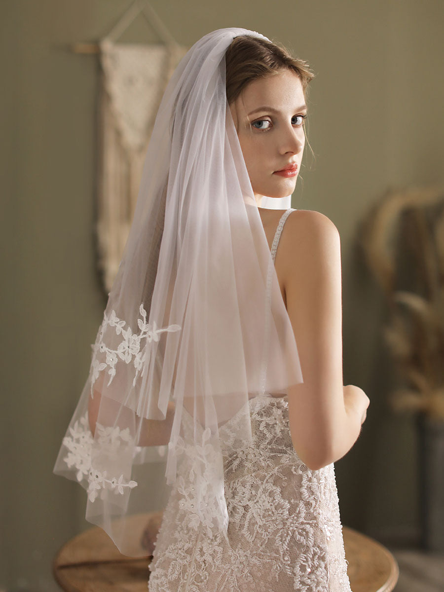 White Tulle Wedding Veils Two-Tier Lace Drop Bridal Veils