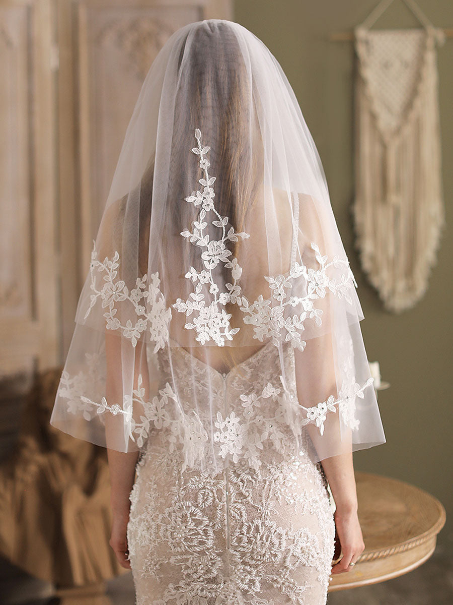 White Tulle Wedding Veils Two-Tier Lace Drop Bridal Veils