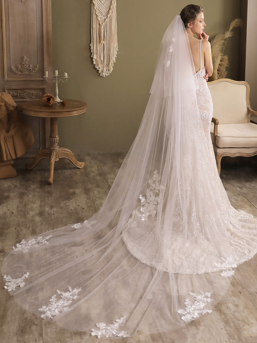 White Waterfall Two-Tier Lace Tulle Wedding Veils