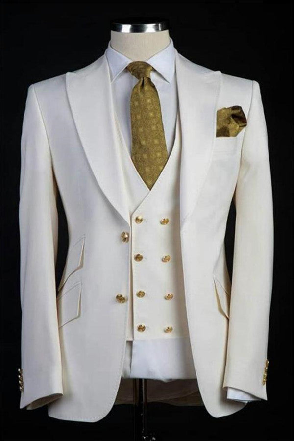 White Wedding Groom Suits Bespoke Gold Buttons Tuxedos for Men Three-pieces