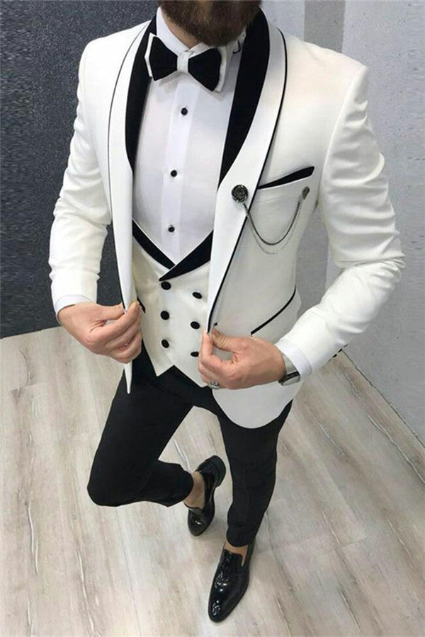 White Wedding Tuxedos with Black Lapel Groom Suits for Men Three-pieces