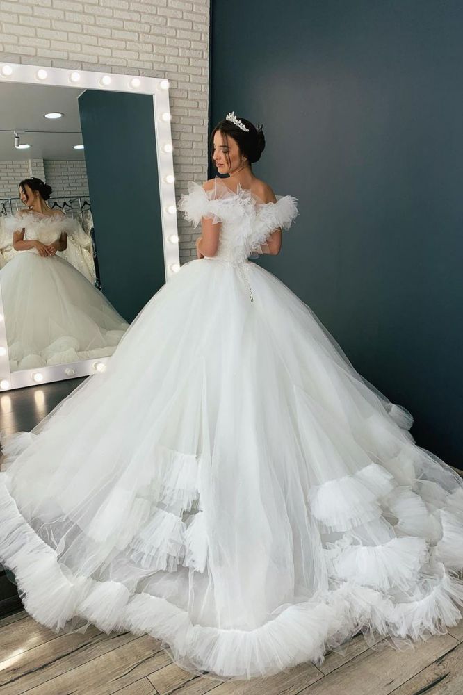 White/Ivory Off the Shoulder Puffy Tulle Lace Ball Gown Princess Bridal Gown