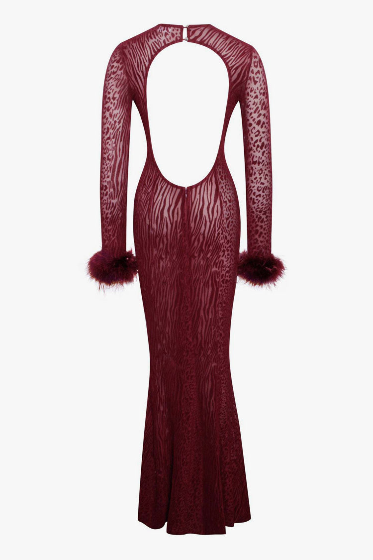 Wild Leopard Sheer Mesh Faux Fur Long Sleeve Cutout Fishtail Maxi Dress