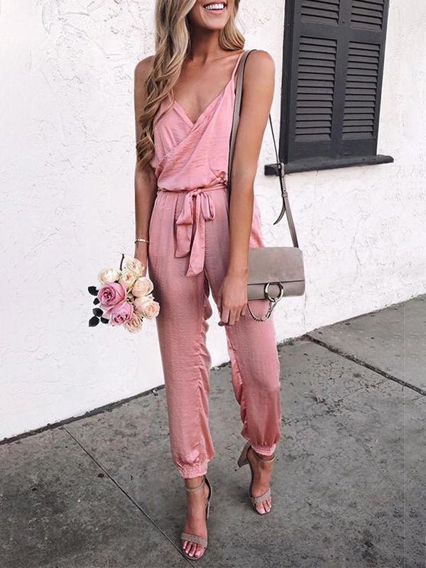 Casual Solid Sling Belted Jumpsuit - Fashionpara