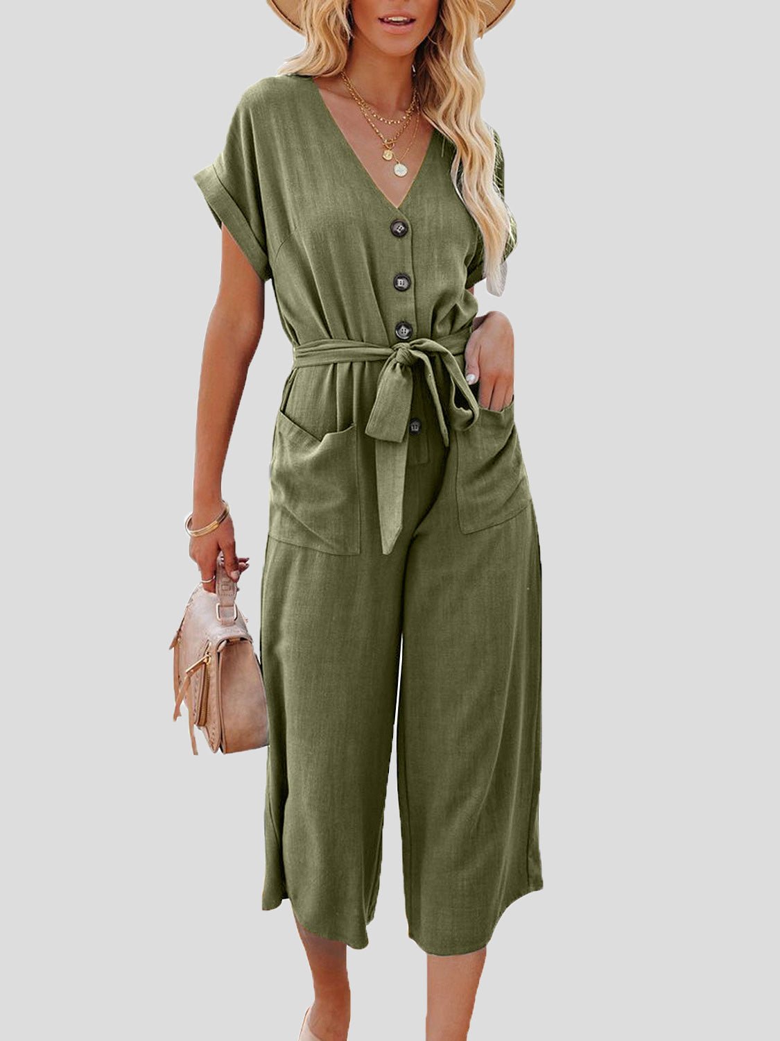 Casual V-Neck Belted Double Pocket Jumpsuit - Fashionpara