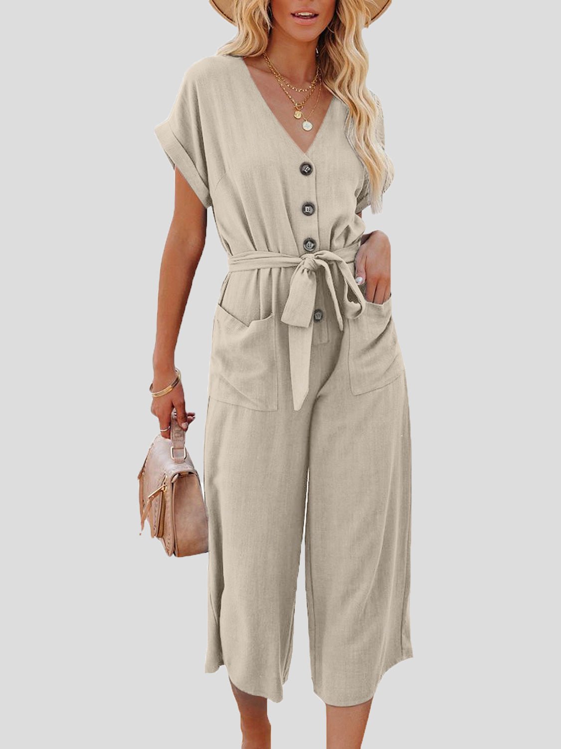 Casual V-Neck Belted Double Pocket Jumpsuit - Fashionpara