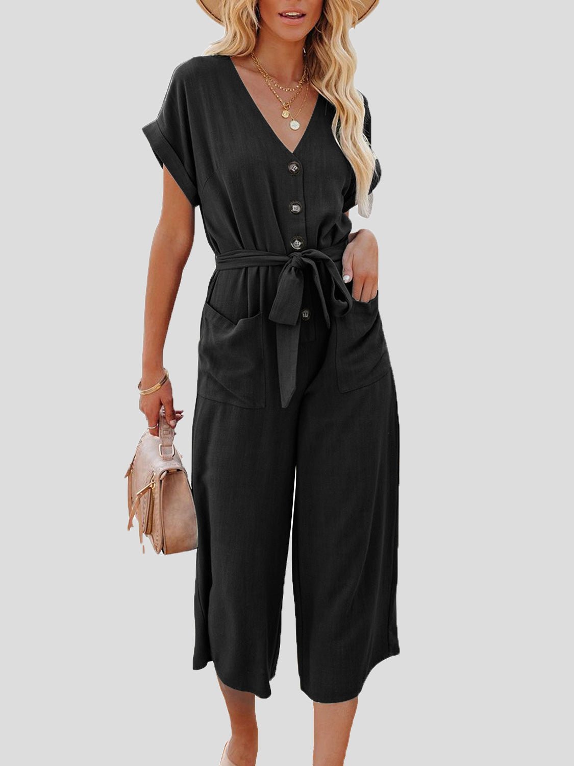 Casual V-Neck Belted Double Pocket Jumpsuit - Fashionpara