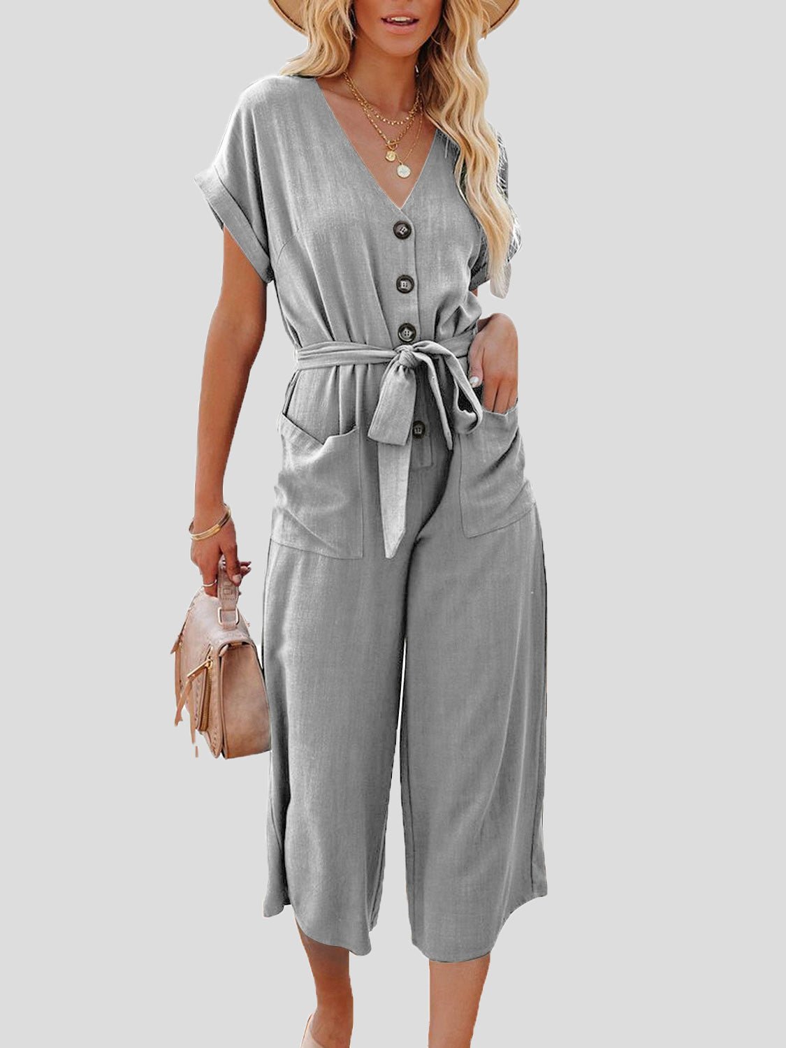 Casual V-Neck Belted Double Pocket Jumpsuit - Fashionpara