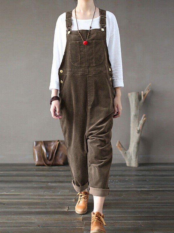 Corduroy Solid Casual Pocket Bib Jumpsuit - Fashionpara