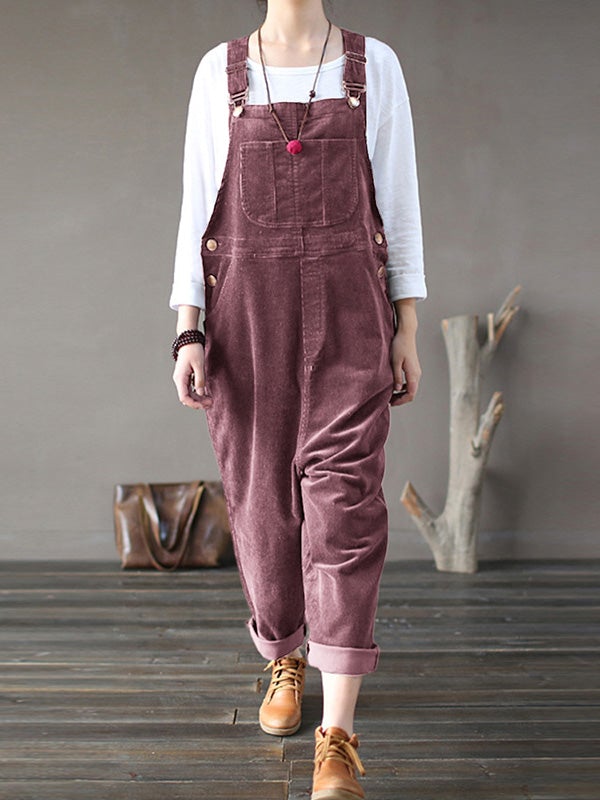 Corduroy Solid Casual Pocket Bib Jumpsuit - Fashionpara