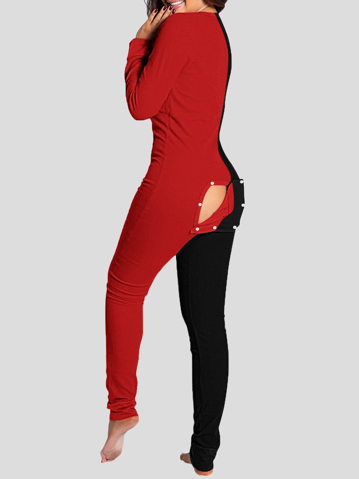 Deep V-Neck Button-Style Functional Long Sleeve Jumpsuit - Fashionpara