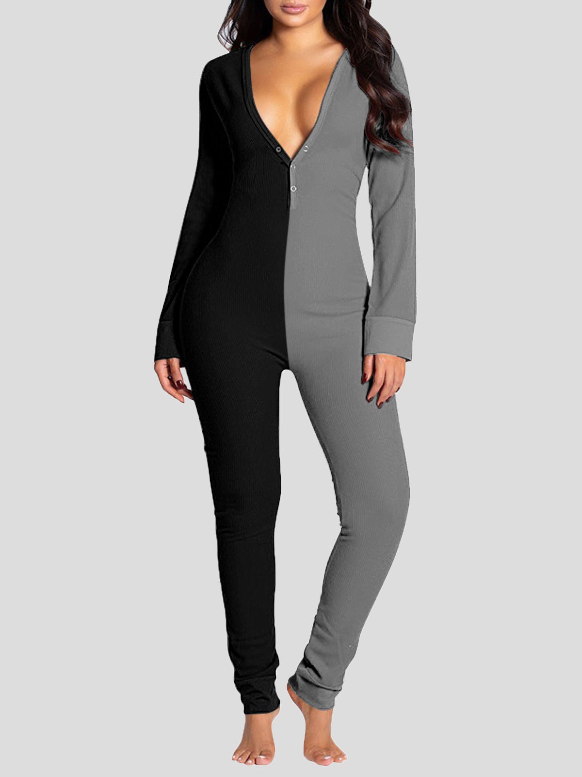 Deep V-Neck Button-Style Functional Long Sleeve Jumpsuit - Fashionpara