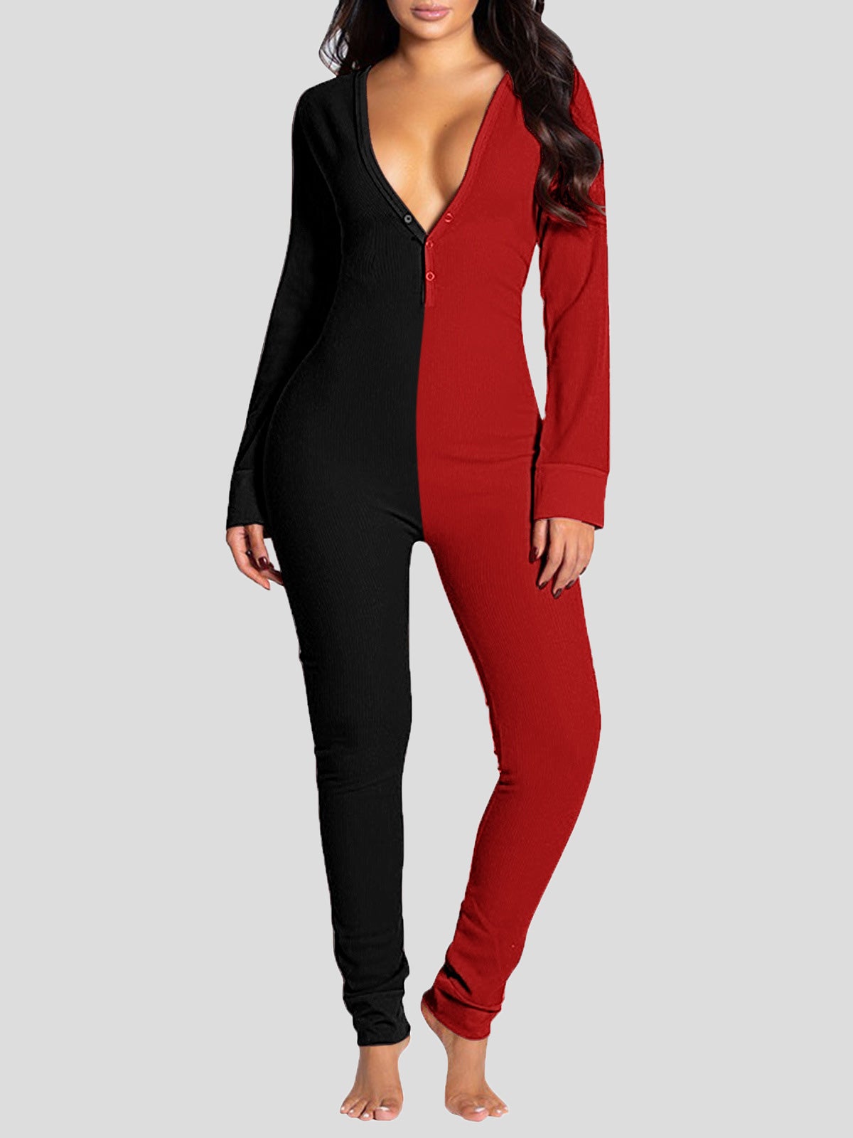 Deep V-Neck Button-Style Functional Long Sleeve Jumpsuit - Fashionpara