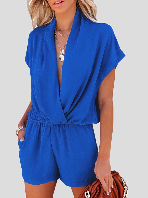 Deep V-Neck Cross Pocket Casual Jumpsuit - Fashionpara