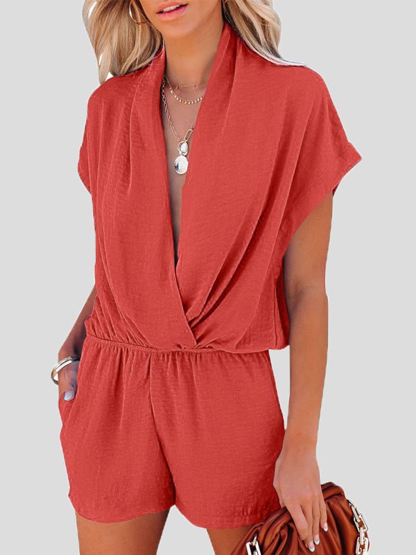 Deep V-Neck Cross Pocket Casual Jumpsuit - Fashionpara