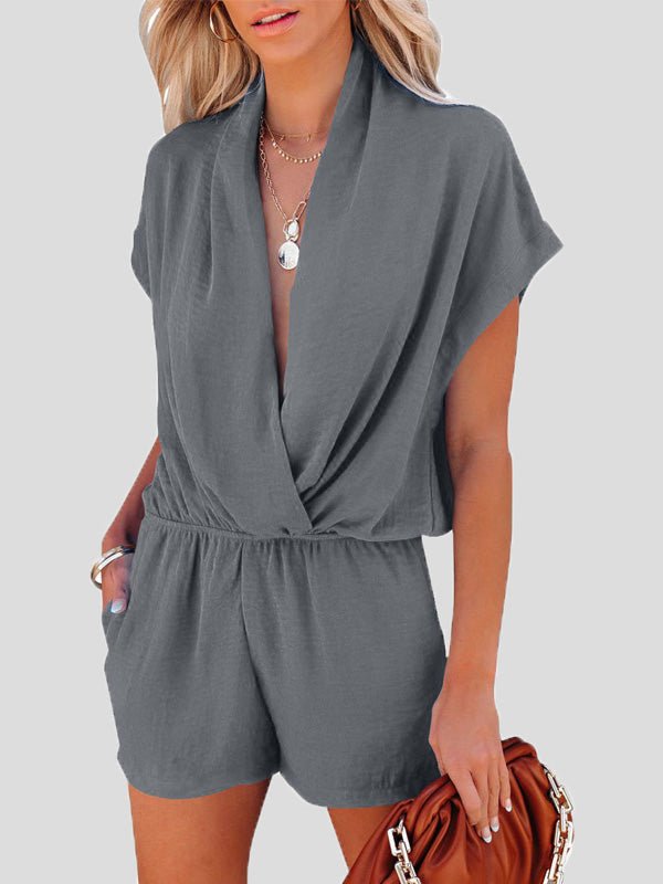 Deep V-Neck Cross Pocket Casual Jumpsuit - Fashionpara