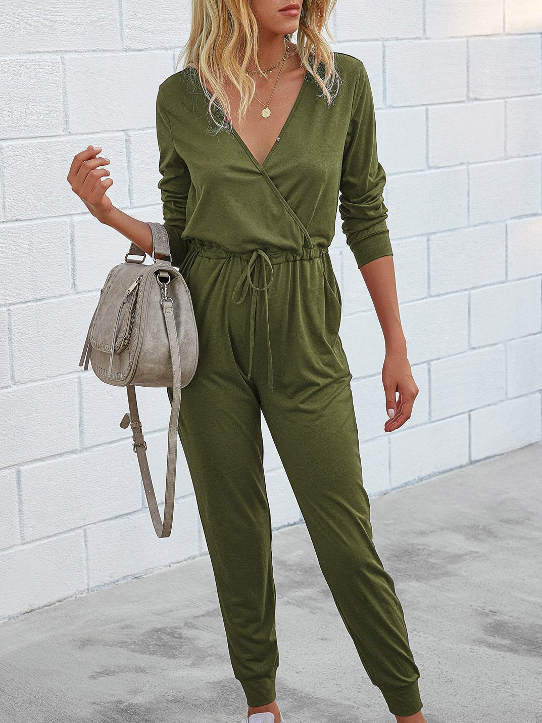 Deep V-Neck Long Sleeve Slim Fit Jumpsuit - Fashionpara