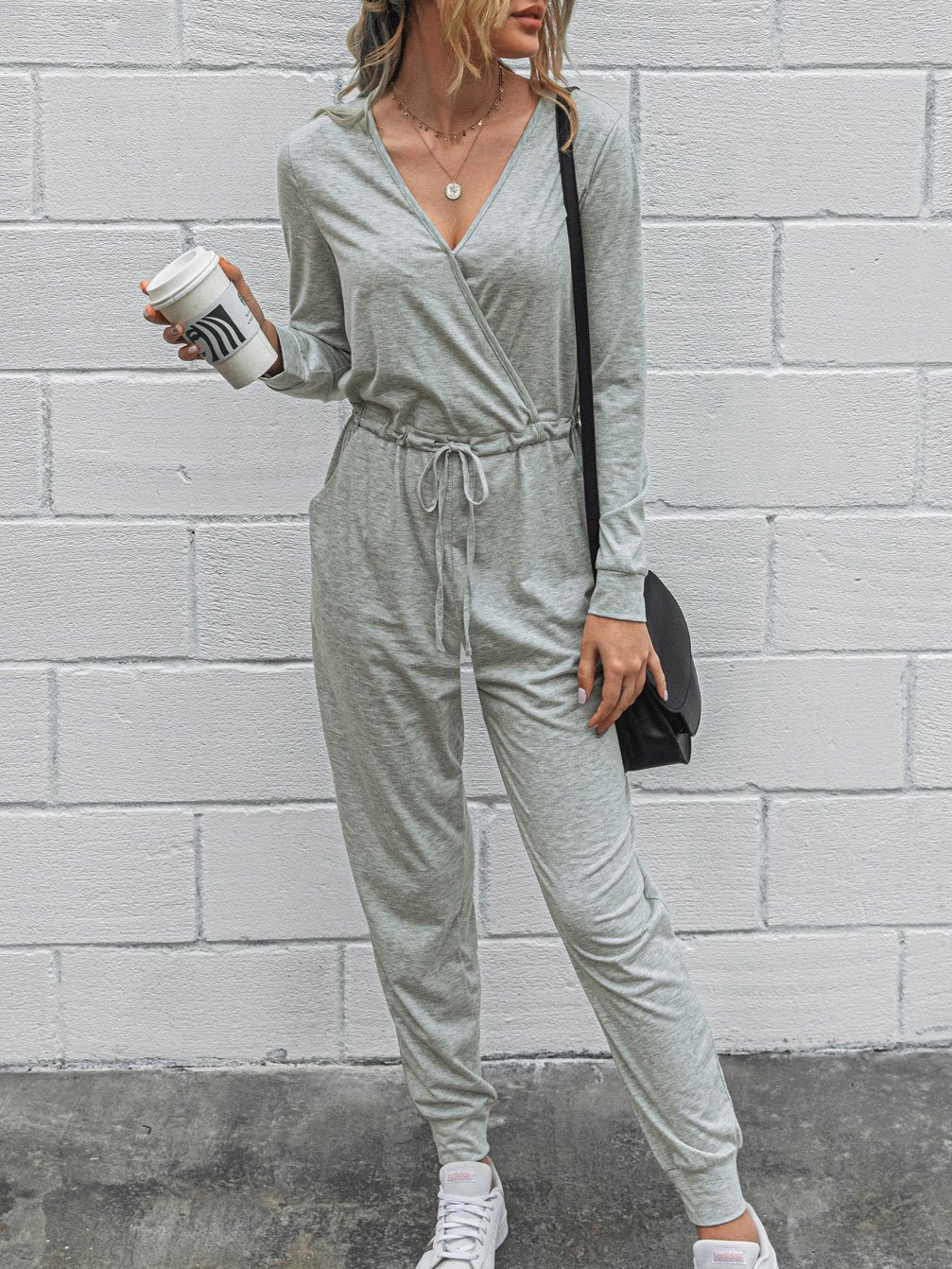 Deep V-Neck Long Sleeve Slim Fit Jumpsuit - Fashionpara