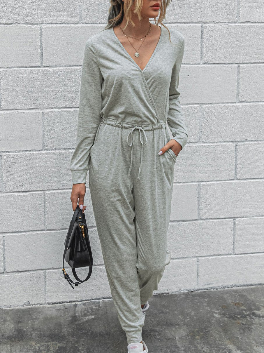 Deep V-Neck Long Sleeve Slim Fit Jumpsuit - Fashionpara